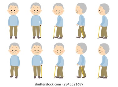 Set of cute grandfathers using canes