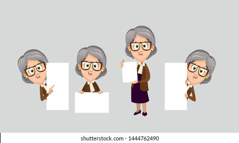 Set with cute grandmother, who are on top, at the right and at the left of paper sheets, white boards. Smiling senior teacher holding empty banner. Template, place for text. Cartoon vector.