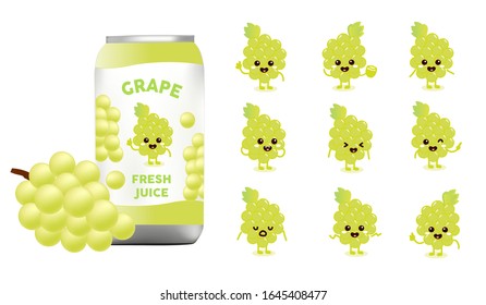Set of cute grape designs and realistic grape with aluminium cans juice packaging mockup vector