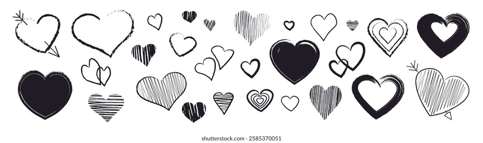 
Set of cute graphic hand drawn hearts in cartoon style. Vector illustration of dark hearts of different shapes and sizes isolated on white background. Valentine's Day. Symbols of love.