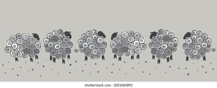 Set with cute graphic sheep. Animal background. Space for your text. Vector illustration.