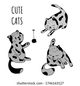 a set of cute gray cats with black spots.Pets in different poses.Ideal for children's design,fabric,packaging,Wallpaper,textiles,clothing, postcards, posters.The cartoon design.vector illustration