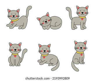 Set of cute gray cats in cartoon style on white background.