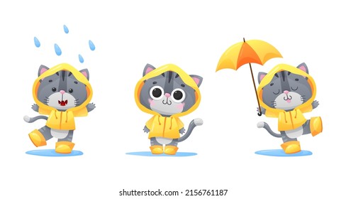 Set of cute gray kitty, kitten, cat in yellow raincoat, coat, boots, with umbrella, drops of the rain  isolated on white background. Vector illustration for postcard, banner, web, design, arts.