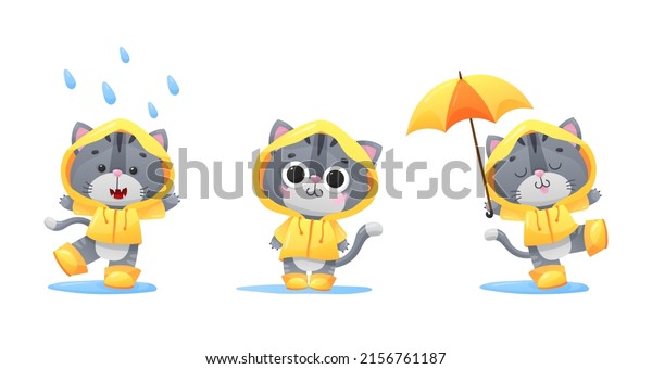 Set of cute gray kitty, kitten, cat in yellow\
raincoat, coat, boots, with umbrella, drops of the rain  isolated\
on white background. Vector illustration for postcard, banner, web,\
design, arts.