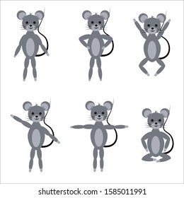 Set of cute gray mice in different poses isolated on white background. Stock vector illustration for decoration and design, children's books, cards, posters, fabrics, web pages, sports and more.