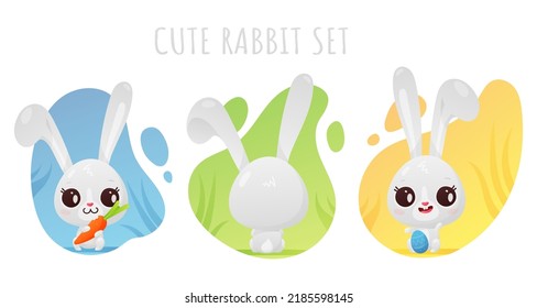 Set of cute gray rabbit with egg, carrot, symbol of new 2023 year on colored spot on white background. Vector illustration for postcard, banner, web, decor, design, arts, calendar.