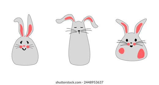 Set of cute gray rabbits with pink ears. Easter bunnies for printing on childrens products, stickers and cards on a white background. Cartoon isolated Vector illustration.