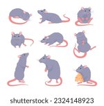 Set of cute gray rats in different poses flat style, vector illustration isolated on white background. Decorative design elements collection, rodent animal, little pets with long tails