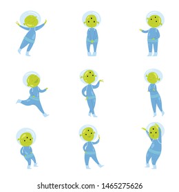 Set of cute green alien character in blue clothes