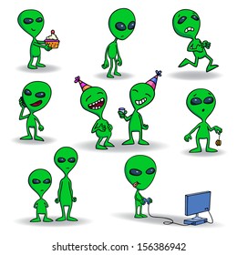 Set Of Cute Green Alien Creatures. Isolated On White Background. Holding A Cake, Running, Playing Yoyo And Videogames, Talking, Laughing, Standing Still. Cartoon. Vector Illustration.