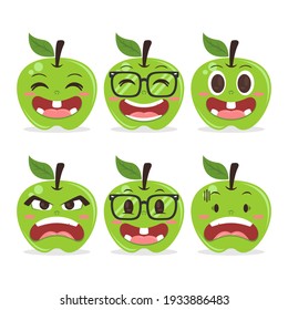 Set of cute green apple character cartoon illustration flat design vector