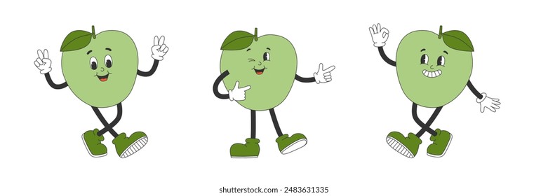 Set of cute green apples in groovy style. Cartoon characters in trendy retro style. Isolated vector illustration. 