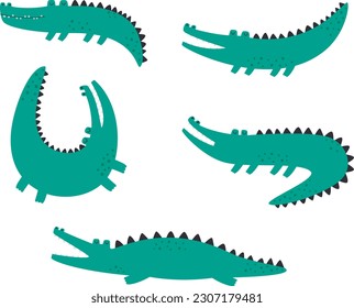 Set of cute green crocodiles in various poses. Scandinavian style vector illustrations