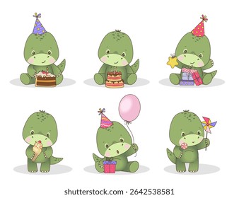 Set of cute green dinosaur and birthday party elements. Vector illustration of isolated dinosaur with presents, caps and balloon for cards, posters, invitations and kids party decoration