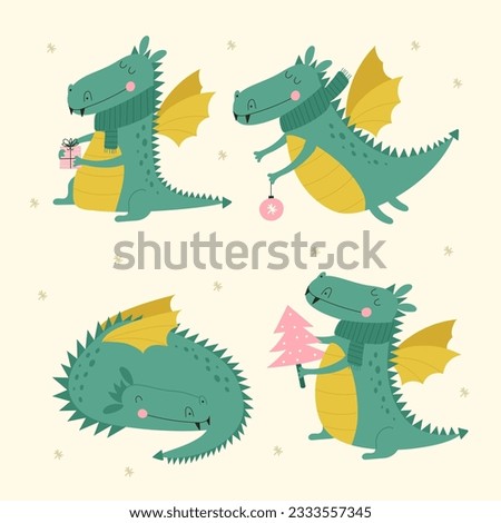 Set with cute green dragon.   Vector illustrations