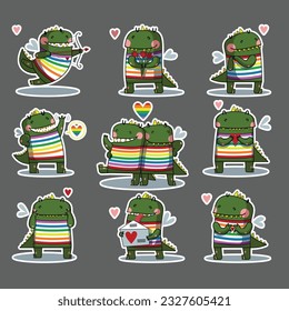 set of cute green dragons about love