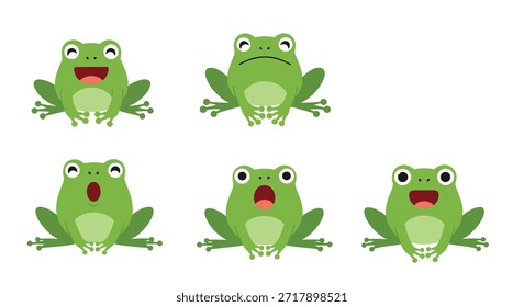 Conjunto de lindos personajes de rana verde con diferentes expresiones faciales como triste feliz y sorprendido sobre un fondo blanco liso.