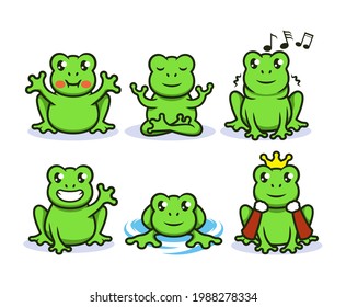 Set of cute green frog mascot logo design illustration