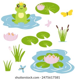 Set of cute green frog, pond, butterflies, dragonflies, reeds, lilies in cartoon style.