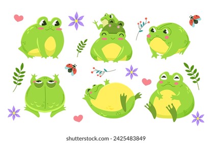Set of cute green frogs surrounded by spring flowers. Kawaii character in cartoon style. Illustration isolated on white background