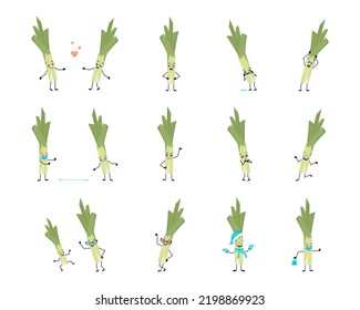 Set of cute green leek character with happy or sad emotions, panic, loving or brave face, hands and legs. Person with expression, green vegetable with mask, glasses or hat. Vector flat illustration