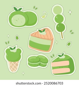 set of cute green matcha pie and cake