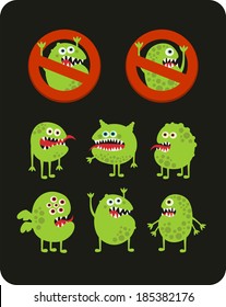 Set of cute green microbes. Vector illustration.
