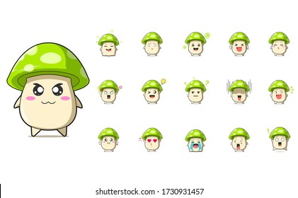 Set cute green mushroom character  Vector flat carton character illustration