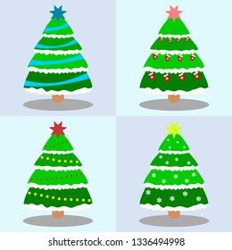 Set of cute green pine Christmas tree with different decoration details such as stars, cookies, ginger man, snow man, gloves, snow flakes, ornaments. For greeting card, party dress up, holiday events