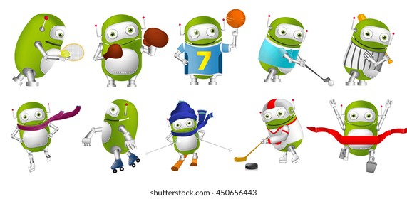 Set of cute green robots wearing sports uniform and using sports equipment. Green robots playing hockey, baseball, basketball, golf, tennis, rugby. Vector illustration isolated on white background.