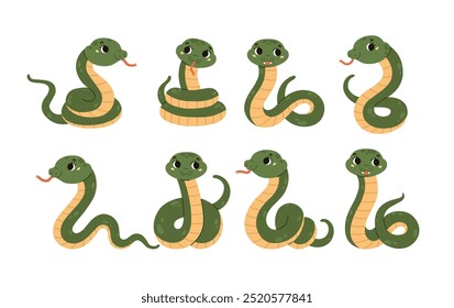 Conjunto de serpientes verdes lindas en varias poses. Colección de reptiles. Animal venenoso. Vida silvestre. Carácter kawaii sonriente. Estilo de dibujos animados. Ilustración vectorial plana aislada sobre fondo blanco.