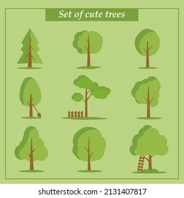 Set of cute green trees. Flat trees on a green background. Creative vector template. Wild and garden trees