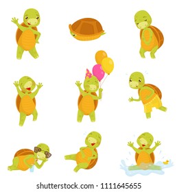 Set of cute green turtle in different actions Funny reptile with brown shell. Isolated flat vector icons