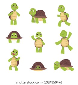 Set of cute green turtles with brown shell in various poses isolated on white background