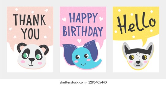Set of cute greeting card and banner with animals in nordic style, stamp texture. Vector illustration with hand draw lettering for design and print.