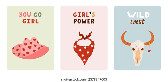 Set of cute greeting cards about Wild West, cowgirl and cowboys. Poster for the party with illustration in western theme and hand drawn lettering. Postcard template with symbols of Texas.