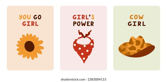 Set of cute greeting cards about girl power, feminism, cowgirl. Poster with hand drawn illustration in wild west and cowboy theme. Postcard template with motivational lettering about women