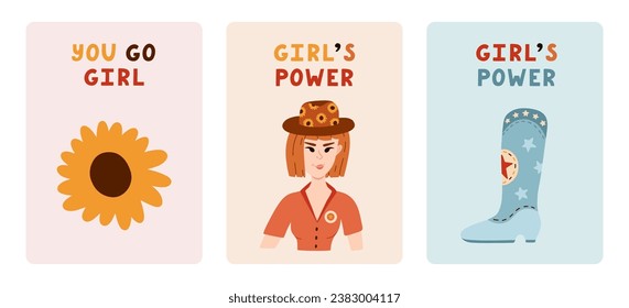 Set of cute greeting cards about girl power, feminism, cowgirl. Poster with hand drawn illustration in wild west and cowboy theme. Postcard template with motivational lettering about women