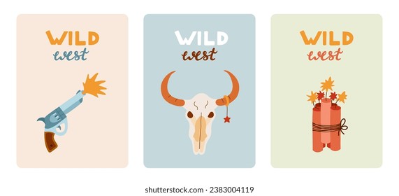 Set of cute greeting cards about Wild West, cowgirl and cowboys. Poster for the party with illustration in western theme and hand drawn lettering. Postcard template with symbols of Texas.