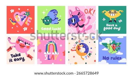 Set of cute greeting cards with abstract doodle characters. Funny templates of postcards with funky animals and gestures. Layouts with rainbow, emoticons and comic phrases. Flat vector illustrations