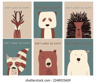 A set of cute greeting cards with animals in gentle tones, don't worry, be happy.