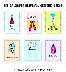 Set of cute greeting cards with cartoon patch pin badges. Printable postcards.