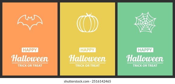 Conjunto de lindas tarjetas de felicitación para Halloween, diseño minimalista plano para póster o Anuncio. Texto blanco Feliz Halloween, truco o trato y Elementos de decoración sobre fondo de color pastel.