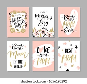 Set cute greeting cards for Mother's Day and hand drawn blossom flowers   modern brush calligraphy