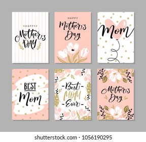 Set cute greeting cards for Mother's Day and hand drawn blossom flowers   modern brush calligraphy