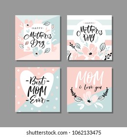 Set of cute greeting cards for Mother's Day with hand drawn blossom flowers and modern brush calligraphy