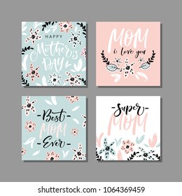 Set of cute greeting cards for Mother's Day with hand drawn blossom flowers and modern brush calligraphy