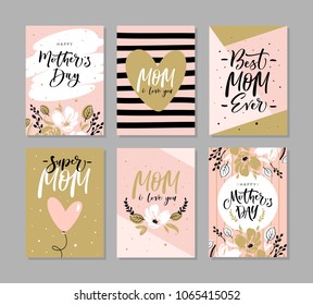 Set of cute greeting cards for Mother's Day with hand drawn blossom flowers and modern brush calligraphy