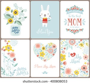 A set of cute greeting cards for Mother's Day with flowers, floral heart, birds, banners, Mason Jar, bunny and lettering. Vector illustration.